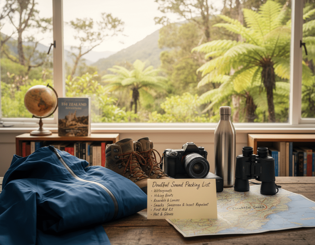 A beautifully organized travel packing list lays on a wooden table, featuring essential items for a trip to Doubtful Sound, New Zealand. In the foreground, neatly arranged items include a waterproof jacket, hiking boots, a camera, a reusable water bottle, and binoculars. A colorful map of Doubtful Sound is partially visible, adding a touch of adventure. The middle ground showcases a softly lit room with travel books and a small globe. The background features a large window with a view of lush New Zealand greenery, softly illuminated by warm, natural light, creating an inviting and serene atmosphere. The composition conveys preparation and tranquility, perfect for planning an unforgettable journey. A beautifully organized travel packing list lays on a wooden table, featuring essential items for a trip to Doubtful Sound, New Zealand. In the foreground, neatly arranged items include a waterproof jacket, hiking boots, a camera, a reusable water bottle, and binoculars. A colorful map of Doubtful Sound is partially visible, adding a touch of adventure. The middle ground showcases a softly lit room with travel books and a small globe. The background features a large window with a view of lush New Zealand greenery, softly illuminated by warm, natural light, creating an inviting and serene atmosphere. The composition conveys preparation and tranquility, perfect for planning an unforgettable journey.