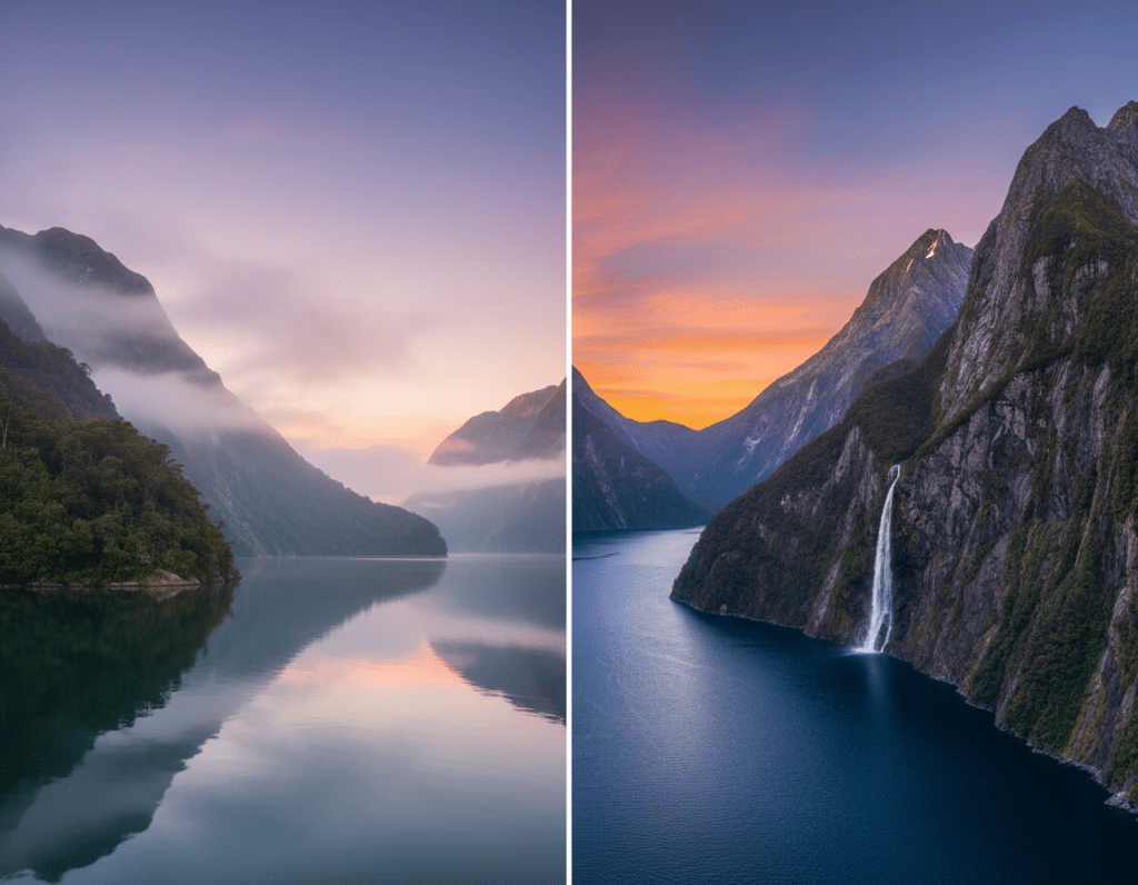 A breathtaking split scene comparing Milford Sound and Doubtful Sound in New Zealand, showcasing the rugged beauty of both locations. In the foreground, display the serene waters of Doubtful Sound with lush green cliffs cascading into the tranquil waters, interspersed with soft, rolling mist. In the middle ground, depict Milford Sound's iconic peaks, with dramatic waterfalls spilling into the fjord, framed by high granite cliffs. The background should feature a twilight sky with vibrant hues of orange and purple reflecting off the water's surface, creating a sense of peaceful transition. Use a wide-angle lens perspective to emphasize the scale of the landscapes, with soft, diffused natural lighting to enhance the tranquil mood of both fjords, inviting viewers to compare the scenic majesty of these two renowned destinations. A breathtaking split scene comparing Milford Sound and Doubtful Sound in New Zealand, showcasing the rugged beauty of both locations. In the foreground, display the serene waters of Doubtful Sound with lush green cliffs cascading into the tranquil waters, interspersed with soft, rolling mist. In the middle ground, depict Milford Sound's iconic peaks, with dramatic waterfalls spilling into the fjord, framed by high granite cliffs. The background should feature a twilight sky with vibrant hues of orange and purple reflecting off the water's surface, creating a sense of peaceful transition. Use a wide-angle lens perspective to emphasize the scale of the landscapes, with soft, diffused natural lighting to enhance the tranquil mood of both fjords, inviting viewers to compare the scenic majesty of these two renowned destinations.