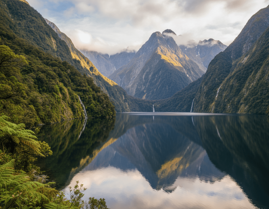 A breathtaking view of Doubtful Sound in New Zealand, showcasing the majestic fjord landscape. In the foreground, vibrant green vegetation spills over steep cliffs, with a serene body of water reflecting the surrounding mountains. The midground features lush rainforests and cascading waterfalls, highlighting the natural beauty of the area. In the background, towering, mist-clad peaks reach towards the sky, enveloped in soft clouds, adding to the ethereal atmosphere. Golden sunlight breaks through the clouds, illuminating parts of the landscape, creating a tranquil yet dramatic scene. The image should evoke feelings of serenity, adventure, and awe, inviting travelers to explore this stunning destination. Capture the scene with a wide-angle lens to emphasize the vastness of the fjord while maintaining a crisp, vibrant color palette. A breathtaking view of Doubtful Sound in New Zealand, showcasing the majestic fjord landscape. In the foreground, vibrant green vegetation spills over steep cliffs, with a serene body of water reflecting the surrounding mountains. The midground features lush rainforests and cascading waterfalls, highlighting the natural beauty of the area. In the background, towering, mist-clad peaks reach towards the sky, enveloped in soft clouds, adding to the ethereal atmosphere. Golden sunlight breaks through the clouds, illuminating parts of the landscape, creating a tranquil yet dramatic scene. The image should evoke feelings of serenity, adventure, and awe, inviting travelers to explore this stunning destination. Capture the scene with a wide-angle lens to emphasize the vastness of the fjord while maintaining a crisp, vibrant color palette.