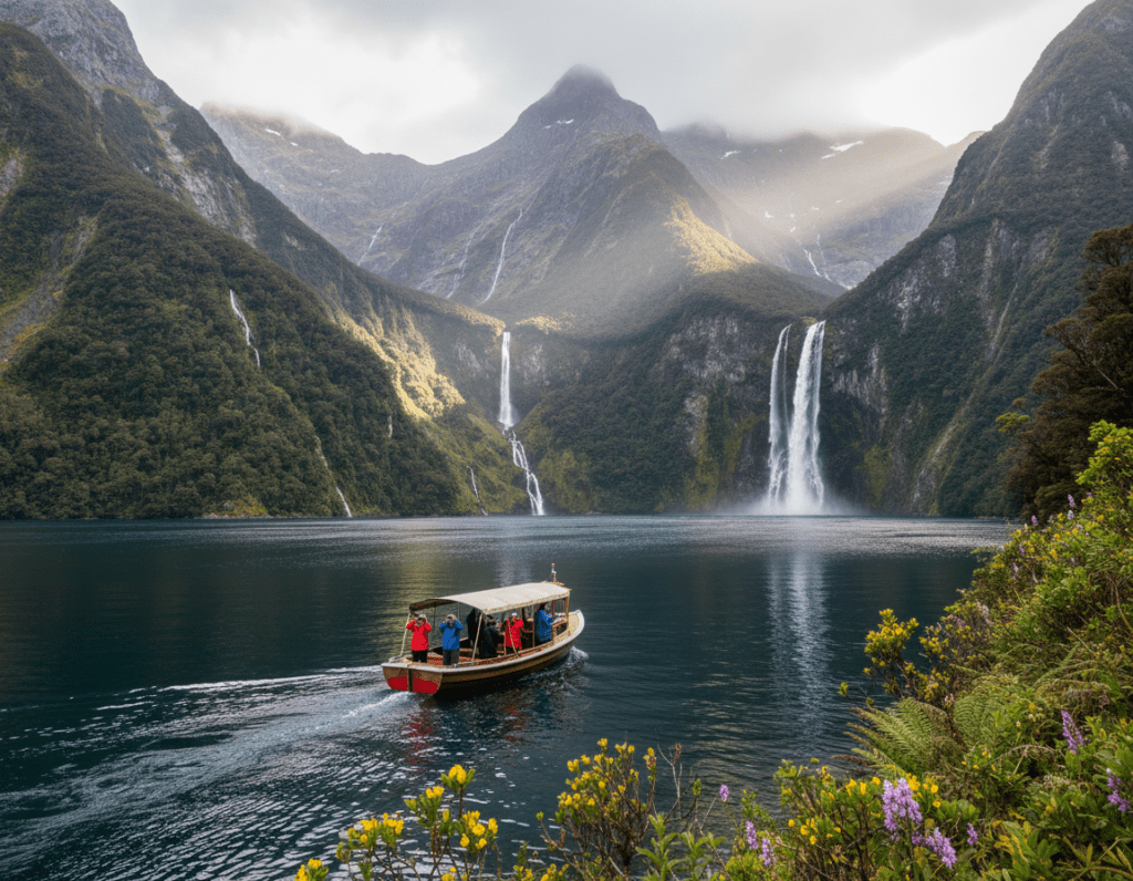 A breathtaking view of Doubtful Sound in New Zealand, showcasing the majestic fjord surrounded by towering mountains enveloped in mist. In the foreground, a tranquil waterway reflecting the lush greenery of the dense rainforest, dotted with vibrant wildflowers. The middle ground features a small, rustic tour boat gliding smoothly through the water, with a handful of tourists attentively taking in the stunning scenery while wearing casual outdoor clothing. In the background, dramatic cliffs rise steeply and are adorned with cascading waterfalls, illuminated by soft, diffused sunlight breaking through the clouds. The overall mood is serene and adventurous, capturing the essence of this remote and untouched natural wonder. A breathtaking view of Doubtful Sound in New Zealand, showcasing the majestic fjord surrounded by towering mountains enveloped in mist. In the foreground, a tranquil waterway reflecting the lush greenery of the dense rainforest, dotted with vibrant wildflowers. The middle ground features a small, rustic tour boat gliding smoothly through the water, with a handful of tourists attentively taking in the stunning scenery while wearing casual outdoor clothing. In the background, dramatic cliffs rise steeply and are adorned with cascading waterfalls, illuminated by soft, diffused sunlight breaking through the clouds. The overall mood is serene and adventurous, capturing the essence of this remote and untouched natural wonder.