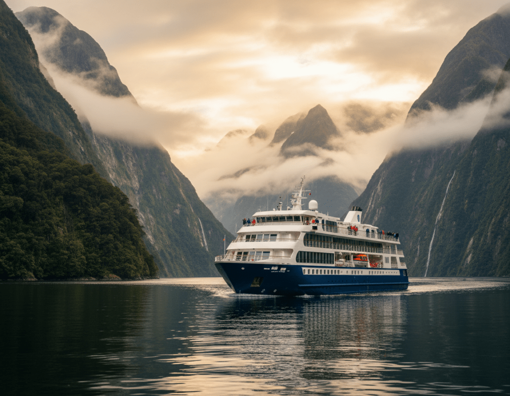A breathtaking view of a Doubtful Sound cruise ship gliding peacefully through the serene waters, surrounded by lush, mist-covered mountains. In the foreground, the sleek, modern cruise ship is seen with passengers enjoying the scenic experience, dressed in modest casual clothing, some observing the stunning landscape with awe. The middle ground features gentle waves reflecting the soft golden hues of the early morning light, creating a tranquil atmosphere. In the background, towering cliffs rise dramatically, enveloped in a veil of fog, adding a sense of mystery. The scene captures the beauty and tranquility of New Zealand's wilderness, evoking feelings of adventure and exploration, with a focus on the incredible natural surroundings. A breathtaking view of a Doubtful Sound cruise ship gliding peacefully through the serene waters, surrounded by lush, mist-covered mountains. In the foreground, the sleek, modern cruise ship is seen with passengers enjoying the scenic experience, dressed in modest casual clothing, some observing the stunning landscape with awe. The middle ground features gentle waves reflecting the soft golden hues of the early morning light, creating a tranquil atmosphere. In the background, towering cliffs rise dramatically, enveloped in a veil of fog, adding a sense of mystery. The scene captures the beauty and tranquility of New Zealand's wilderness, evoking feelings of adventure and exploration, with a focus on the incredible natural surroundings.