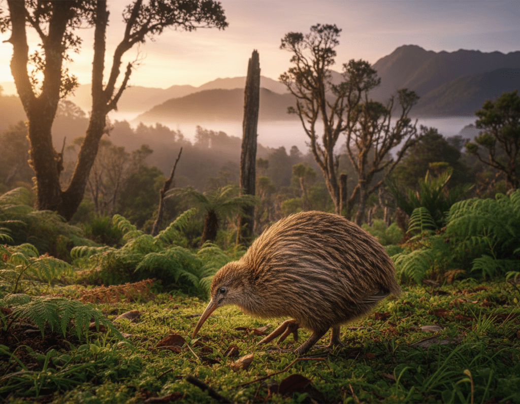 A captivating scene featuring a kiwi bird in its natural habitat in New Zealand. In the foreground, a kiwi, plump and brown with distinctive long beak and small wings, is foraging on the ground among lush green ferns and forest undergrowth. Its textured feathers are detailed, reflecting the soft morning light. In the middle ground, vary the greenery with native New Zealand plants, such as tōtara and rātā trees, partially obscured by mist to add an ethereal quality. In the background, include soft hills and distant mountains, shrouded in early dawn light, creating a serene atmosphere. The image captures a peaceful, natural environment. Use soft, warm lighting to emphasize the tranquil mood, focusing on a slightly low angle to give prominence to the kiwi as the centerpiece. A captivating scene featuring a kiwi bird in its natural habitat in New Zealand. In the foreground, a kiwi, plump and brown with distinctive long beak and small wings, is foraging on the ground among lush green ferns and forest undergrowth. Its textured feathers are detailed, reflecting the soft morning light. In the middle ground, vary the greenery with native New Zealand plants, such as tōtara and rātā trees, partially obscured by mist to add an ethereal quality. In the background, include soft hills and distant mountains, shrouded in early dawn light, creating a serene atmosphere. The image captures a peaceful, natural environment. Use soft, warm lighting to emphasize the tranquil mood, focusing on a slightly low angle to give prominence to the kiwi as the centerpiece.