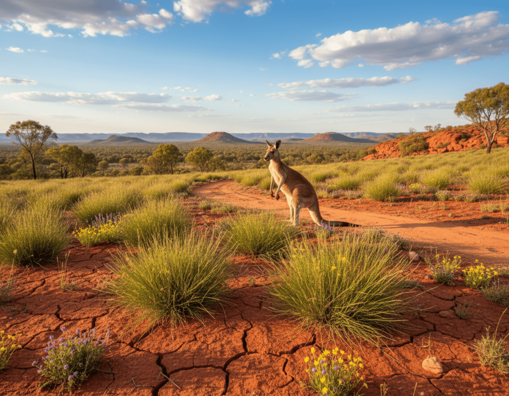 A captivating view of the Australian Outback, showcasing its unique terrain and wildlife. In the foreground, vibrant red earth dotted with sparse, hardy vegetation and clusters of wildflowers. In the middle ground, a majestic kangaroo stands alert, blending with the stunning landscape. The background features a vast expanse of rolling hills under a brilliant blue sky scattered with soft, fluffy clouds. The lighting is warm and golden, suggesting early morning or late afternoon, casting gentle shadows that enhance the textures of the landscape. The atmosphere is serene yet invigorating, inviting viewers to explore this wild, untamed region, emphasizing the natural beauty and ecological diversity of the Outback.
