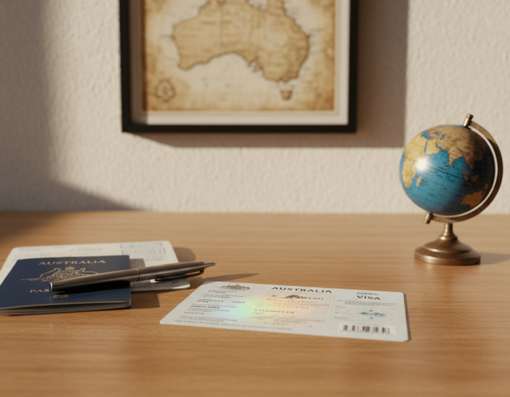 A close-up image of an Australian visa document placed on a wooden desk, surrounded by a passport, a pen, and a globe, symbolizing international travel. In the foreground, the visa document has a detailed design with a holographic emblem and various security features visible. The middle ground features a clutter-free desk setup with natural lighting illuminating the scene, casting soft shadows. In the background, a blurred view of a map of Australia hangs on the wall, enhancing the travel theme. The overall mood is professional and optimistic, evoking a sense of new beginnings and exploration. Use a shallow depth of field to focus on the visa while softening the background elements. A close-up image of an Australian visa document placed on a wooden desk, surrounded by a passport, a pen, and a globe, symbolizing international travel. In the foreground, the visa document has a detailed design with a holographic emblem and various security features visible. The middle ground features a clutter-free desk setup with natural lighting illuminating the scene, casting soft shadows. In the background, a blurred view of a map of Australia hangs on the wall, enhancing the travel theme. The overall mood is professional and optimistic, evoking a sense of new beginnings and exploration. Use a shallow depth of field to focus on the visa while softening the background elements.