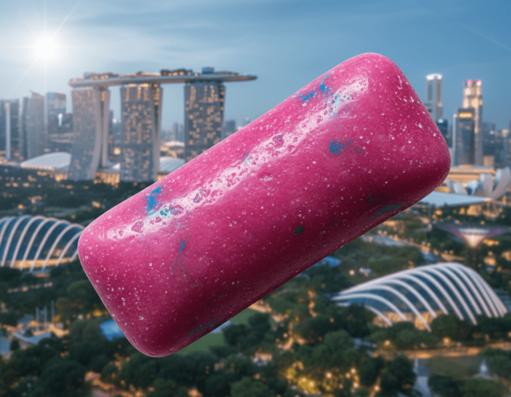 A close-up of a shiny, colorful piece of chewing gum, glistening under bright overhead lighting, creating a vibrant contrast against a blurred urban backdrop that suggests Singapore's iconic skyline. The gum is depicted in a realistic style, showcasing its texture and vivid pink color, with a slightly reflective surface that hints at its chewiness. In the background, hints of greenery and modern architecture can be seen, softly focused to create depth. The atmosphere conveys a sense of playfulness and curiosity, inviting viewers to ponder the implications of gum ban regulations in a vibrant setting. The composition is bright and engaging, utilizing a wide lens to capture both the subject and a hint of the bustling city life beyond. A close-up of a shiny, colorful piece of chewing gum, glistening under bright overhead lighting, creating a vibrant contrast against a blurred urban backdrop that suggests Singapore's iconic skyline. The gum is depicted in a realistic style, showcasing its texture and vivid pink color, with a slightly reflective surface that hints at its chewiness. In the background, hints of greenery and modern architecture can be seen, softly focused to create depth. The atmosphere conveys a sense of playfulness and curiosity, inviting viewers to ponder the implications of gum ban regulations in a vibrant setting. The composition is bright and engaging, utilizing a wide lens to capture both the subject and a hint of the bustling city life beyond.