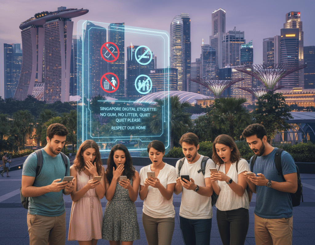 A colorful, informative scene depicting digital rules for tourists in Singapore. In the foreground, a diverse group of tourists, dressed in casual yet modest clothing, are interacting with their smartphones and tablets, looking surprised and intrigued. In the middle ground, a digital screen displays iconic symbols of Singapore's regulations, such as a no-chewing-gum sign and reminders about proper behavior in public spaces. The background features a bustling Singapore skyline with modern buildings and greenery, reflecting the vibrant atmosphere of the city. Soft, ambient lighting highlights the tourists and their devices, evoking a sense of curiosity and caution. The angle captures both the tourists’ expressions and the digital screen, enhancing the visualization of cultural differences and expectations. A colorful, informative scene depicting digital rules for tourists in Singapore. In the foreground, a diverse group of tourists, dressed in casual yet modest clothing, are interacting with their smartphones and tablets, looking surprised and intrigued. In the middle ground, a digital screen displays iconic symbols of Singapore's regulations, such as a no-chewing-gum sign and reminders about proper behavior in public spaces. The background features a bustling Singapore skyline with modern buildings and greenery, reflecting the vibrant atmosphere of the city. Soft, ambient lighting highlights the tourists and their devices, evoking a sense of curiosity and caution. The angle captures both the tourists’ expressions and the digital screen, enhancing the visualization of cultural differences and expectations.