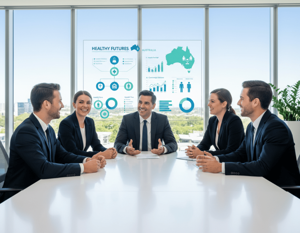 A detailed and informative scene depicting the concept of health insurance in Australia. In the foreground, a diverse group of professionals dressed in smart business attire engages in a discussion at a modern office setting, with smiling faces and open gestures, showcasing collaboration. In the middle ground, include a large digital screen displaying the Australian healthcare system, featuring infographics and health policy charts, reflecting a sense of innovation and vitality. The background shows a bright and airy office environment with large windows letting in natural light, creating a welcoming atmosphere. The composition should capture the seriousness of health insurance while promoting a positive and professional mood, with a clear focus on teamwork and communication. A detailed and informative scene depicting the concept of health insurance in Australia. In the foreground, a diverse group of professionals dressed in smart business attire engages in a discussion at a modern office setting, with smiling faces and open gestures, showcasing collaboration. In the middle ground, include a large digital screen displaying the Australian healthcare system, featuring infographics and health policy charts, reflecting a sense of innovation and vitality. The background shows a bright and airy office environment with large windows letting in natural light, creating a welcoming atmosphere. The composition should capture the seriousness of health insurance while promoting a positive and professional mood, with a clear focus on teamwork and communication.