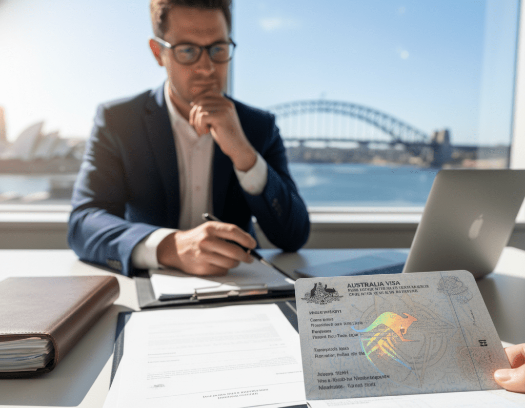 A detailed close-up of an Australian visa document prominently displayed in the foreground, capturing the intricate designs and holographic features. In the middle ground, a professional individual dressed in business attire studies the document intently, surrounded by organized paperwork and a laptop, symbolizing the bureaucratic process. The background depicts a soft-focus view of an Australian city skyline under a bright blue sky, conveying a sense of hope and opportunity. Soft, natural lighting illuminates the scene, creating an atmosphere that combines determination and optimism. The angle is slightly elevated, giving a clear view of the visa and the person engaged in their immigration journey. A detailed close-up of an Australian visa document prominently displayed in the foreground, capturing the intricate designs and holographic features. In the middle ground, a professional individual dressed in business attire studies the document intently, surrounded by organized paperwork and a laptop, symbolizing the bureaucratic process. The background depicts a soft-focus view of an Australian city skyline under a bright blue sky, conveying a sense of hope and opportunity. Soft, natural lighting illuminates the scene, creating an atmosphere that combines determination and optimism. The angle is slightly elevated, giving a clear view of the visa and the person engaged in their immigration journey.