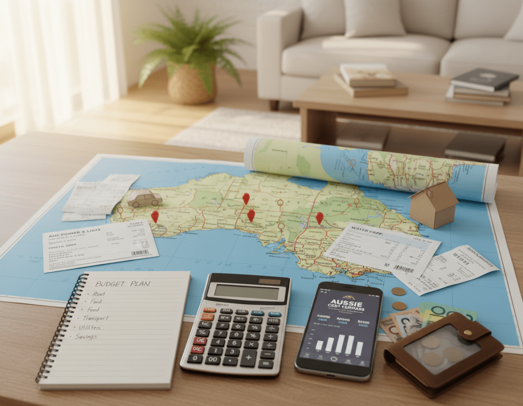 A detailed flat lay composition illustrating "living costs in Australia." In the foreground, neatly arranged items such as a calculator, a notebook with budgeting plans, an Australian currency wallet, and a smartphone displaying a cost-of-living app. In the middle, a map of Australia with major cities marked, along with food and utility bills scattered around to symbolize monthly expenses. The background features a soft focus of a cozy home environment, suggesting a welcoming atmosphere. Natural light streams in from the side, creating a warm, inviting mood. Use a shallow depth of field to emphasize the foreground items while gently blurring the background for depth. The overall composition conveys a sense of planning and preparedness for a new beginning. A detailed flat lay composition illustrating "living costs in Australia." In the foreground, neatly arranged items such as a calculator, a notebook with budgeting plans, an Australian currency wallet, and a smartphone displaying a cost-of-living app. In the middle, a map of Australia with major cities marked, along with food and utility bills scattered around to symbolize monthly expenses. The background features a soft focus of a cozy home environment, suggesting a welcoming atmosphere. Natural light streams in from the side, creating a warm, inviting mood. Use a shallow depth of field to emphasize the foreground items while gently blurring the background for depth. The overall composition conveys a sense of planning and preparedness for a new beginning.