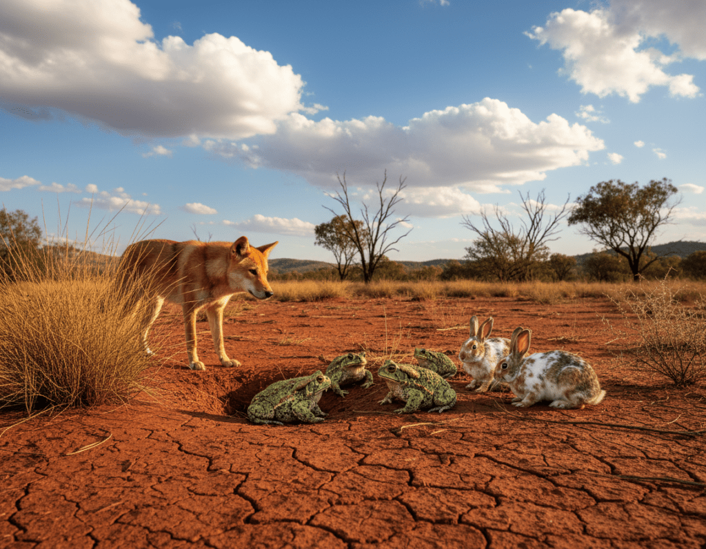 A dramatic scene set in the arid Australian Outback, highlighting the clash between native wildlife and invasive species. In the foreground, depict a curious dingo cautiously observing a cluster of brightly colored but invasive species such as cane toads and rabbits. In the middle ground, show a barren landscape dotted with sparse shrubs and vibrant, heavily sunlit red earth, emphasizing the harsh environment. In the background, include the silhouettes of gum trees and distant hills under a brilliant blue sky with fluffy white clouds. The lighting is warm and bright, capturing the essence of a sunny day, creating a mood of tension and concern. Use a slightly low angle to enhance the perspective of the native animal watching its competitors encroach on its territory.