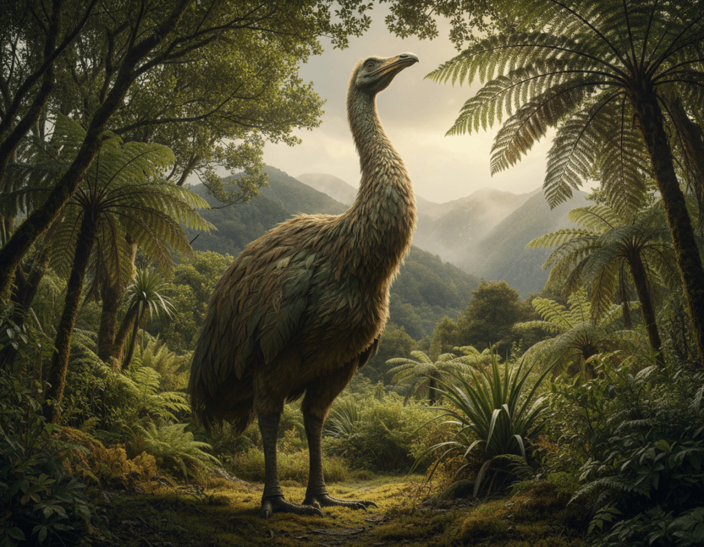 A majestic Moa, a large, extinct flightless bird, stands in a lush, prehistoric New Zealand forest. In the foreground, the Moa is depicted in detail, showcasing its towering height, long neck, and unique feather patterns with shades of brown and green blending into the environment. In the middle ground, ferns and native flora indicate the rich biodiversity of New Zealand, creating a vibrant ecosystem. The background reveals distant mountains shrouded in mist, giving depth to the scene. Soft, warm sunlight filters through the dense canopy, casting gentle shadows and highlighting the Moa's texture. The mood is peaceful yet somber, evoking a sense of nostalgia for an extinct species and the fragility of nature’s balance. The composition is captured from a low angle to emphasize the Moa's grandeur in its natural habitat. A majestic Moa, a large, extinct flightless bird, stands in a lush, prehistoric New Zealand forest. In the foreground, the Moa is depicted in detail, showcasing its towering height, long neck, and unique feather patterns with shades of brown and green blending into the environment. In the middle ground, ferns and native flora indicate the rich biodiversity of New Zealand, creating a vibrant ecosystem. The background reveals distant mountains shrouded in mist, giving depth to the scene. Soft, warm sunlight filters through the dense canopy, casting gentle shadows and highlighting the Moa's texture. The mood is peaceful yet somber, evoking a sense of nostalgia for an extinct species and the fragility of nature’s balance. The composition is captured from a low angle to emphasize the Moa's grandeur in its natural habitat.