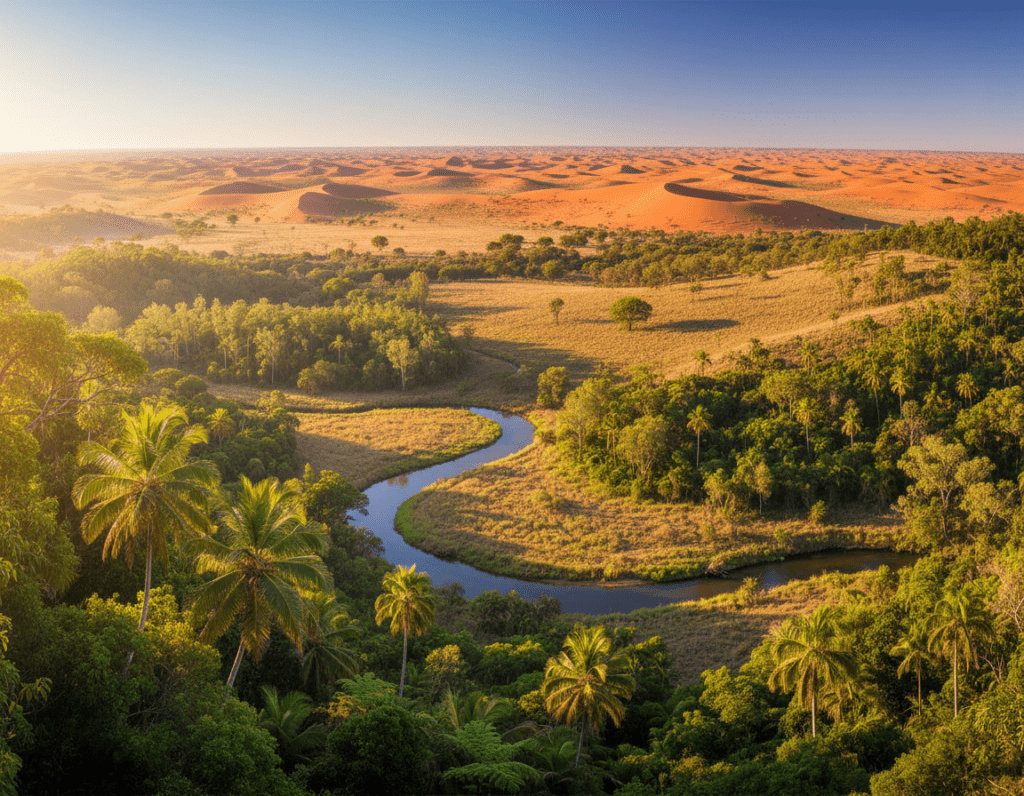 A panoramic view of the diverse Australian climate zones, showcasing a vibrant transition from tropical rainforests in the foreground to arid deserts in the background. In the foreground, lush green vegetation, tall palm trees, and a flowing river represent the tropical regions, bathed in warm, golden sunlight filtering through the leaves, creating dynamic shadows. The middle ground features a gradual shift with mixed forests and grasslands, gently rolling hills, and a clear blue sky. The background starkly contrasts with sun-baked, arid landscapes, sparse vegetation, and undulating sand dunes under a blazing sun. The atmosphere is lively yet serene, evoking a sense of exploration and adventure, captured from a slightly elevated angle with a wide lens to embrace the vastness of the Australian climate spectrum.