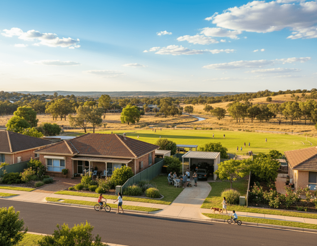 A picturesque Australian landscape showcasing a serene suburban neighborhood in the foreground, featuring charming homes with lush gardens and families engaged in leisure activities, all dressed in modest casual clothing. In the middle ground, vibrant street scenes depict friendly interactions among neighbors, with children playing. The background reveals the stunning Australian Outback, with vibrant blue skies and scattered eucalyptus trees, symbolizing nature's beauty. Soft, warm sunlight bathes the scene, creating a welcoming and relaxed atmosphere. The angle captures an inviting perspective, emphasizing a sense of community and safety, reflecting the essence of "Lebensqualität" in daily life. A picturesque Australian landscape showcasing a serene suburban neighborhood in the foreground, featuring charming homes with lush gardens and families engaged in leisure activities, all dressed in modest casual clothing. In the middle ground, vibrant street scenes depict friendly interactions among neighbors, with children playing. The background reveals the stunning Australian Outback, with vibrant blue skies and scattered eucalyptus trees, symbolizing nature's beauty. Soft, warm sunlight bathes the scene, creating a welcoming and relaxed atmosphere. The angle captures an inviting perspective, emphasizing a sense of community and safety, reflecting the essence of "Lebensqualität" in daily life.