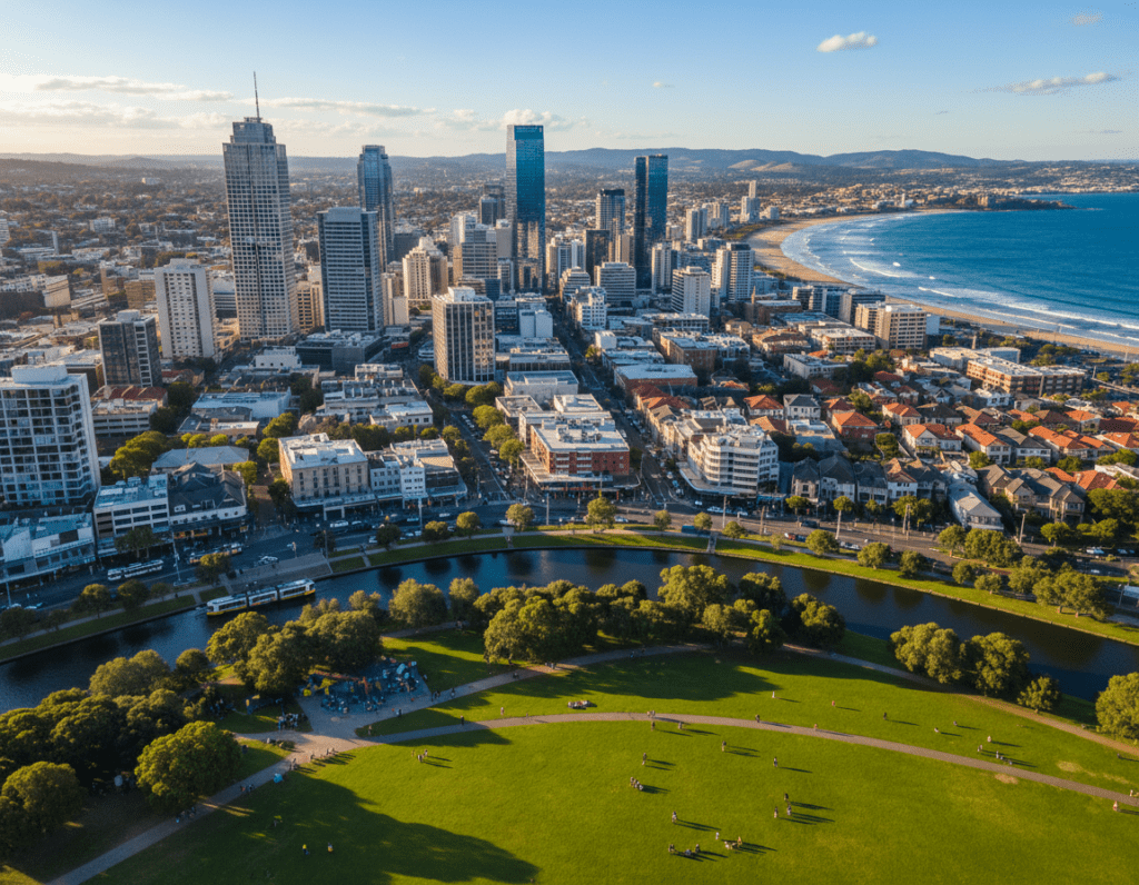 A picturesque aerial view of an Australian cityscape, showcasing a blend of modern skyscrapers and charming suburban homes. The foreground features lush green parks with people enjoying leisurely activities in professional casual clothing. In the middle ground, vibrant streets are bustling with locals and shops, while a warm golden sunlight bathes the scene, creating a welcoming atmosphere. In the background, the iconic coastal line reveals sparkling blue waters and sandy beaches, framed by rolling hills. The sky is bright and clear, reflecting an uplifting mood. The composition captures the essence of urban living balanced with nature, perfect for illustrating diverse Australian lifestyles. Use a wide-angle lens to enhance the expanse, focusing on clarity and vivid colors. A picturesque aerial view of an Australian cityscape, showcasing a blend of modern skyscrapers and charming suburban homes. The foreground features lush green parks with people enjoying leisurely activities in professional casual clothing. In the middle ground, vibrant streets are bustling with locals and shops, while a warm golden sunlight bathes the scene, creating a welcoming atmosphere. In the background, the iconic coastal line reveals sparkling blue waters and sandy beaches, framed by rolling hills. The sky is bright and clear, reflecting an uplifting mood. The composition captures the essence of urban living balanced with nature, perfect for illustrating diverse Australian lifestyles. Use a wide-angle lens to enhance the expanse, focusing on clarity and vivid colors.