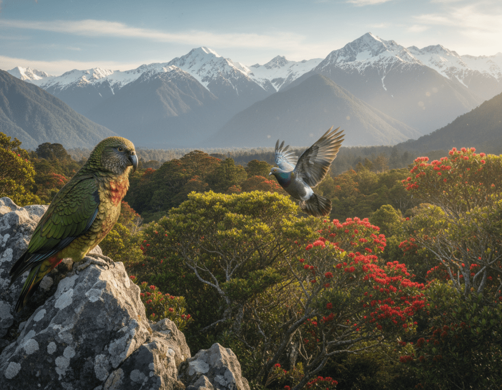 A picturesque scene depicting native New Zealand birds, focusing on a vibrant Kea perched on a rocky outcrop in the foreground, its bright green and orange feathers contrasting against the rugged mountain landscape. In the middle ground, a majestic Kererū is shown gracefully gliding through a lush, dense forest filled with native trees like the pōhutukawa and rātā, reflecting the importance of these birds in the ecosystem. The background features a stunning panorama of New Zealand's mountains, with soft, diffused sunlight filtering through the trees, creating an ethereal glow. Capture the essence of these unique birds in their natural habitat, conveying a sense of tranquility and connection to the wild. Aim for a vibrant, colorful mood that highlights the beauty of New Zealand's wildlife. A picturesque scene depicting native New Zealand birds, focusing on a vibrant Kea perched on a rocky outcrop in the foreground, its bright green and orange feathers contrasting against the rugged mountain landscape. In the middle ground, a majestic Kererū is shown gracefully gliding through a lush, dense forest filled with native trees like the pōhutukawa and rātā, reflecting the importance of these birds in the ecosystem. The background features a stunning panorama of New Zealand's mountains, with soft, diffused sunlight filtering through the trees, creating an ethereal glow. Capture the essence of these unique birds in their natural habitat, conveying a sense of tranquility and connection to the wild. Aim for a vibrant, colorful mood that highlights the beauty of New Zealand's wildlife.