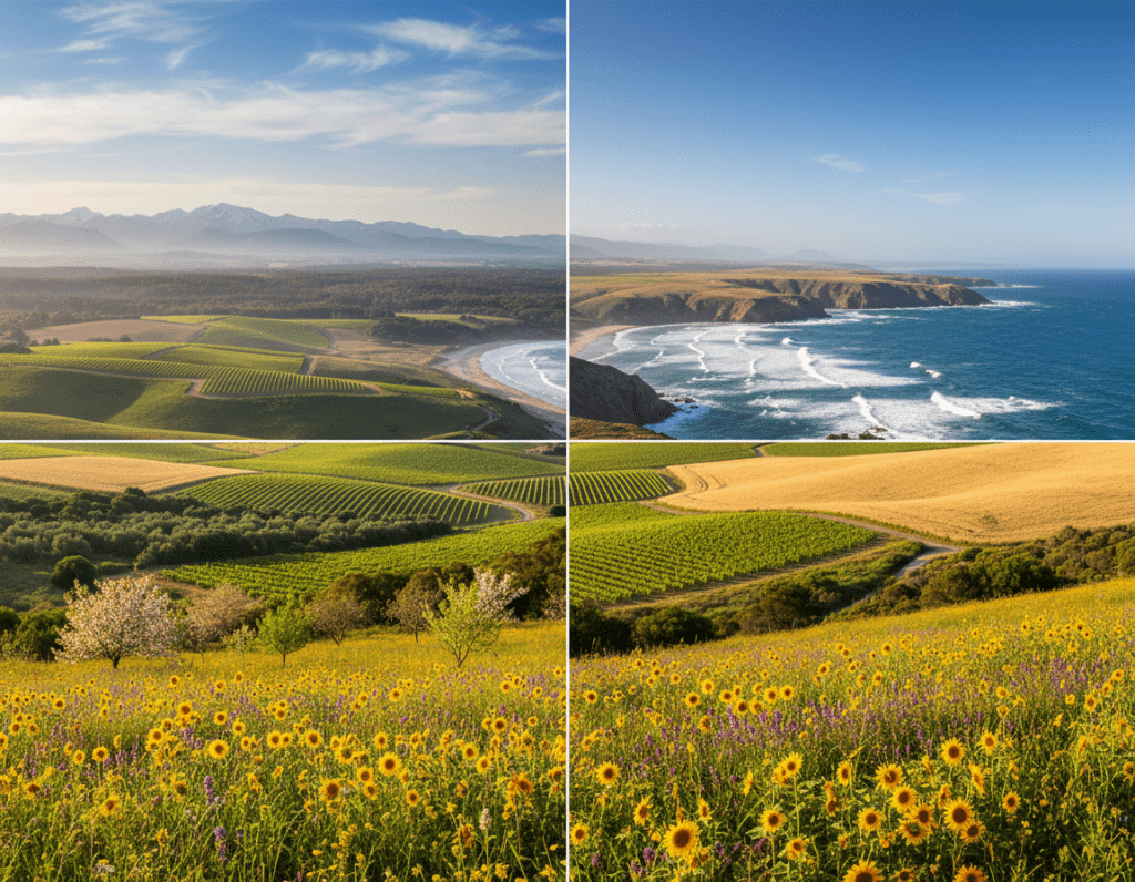 A picturesque view of Southern Australia, showcasing the four distinct seasons across the landscape. In the foreground, vibrant wildflowers bloom in shades of yellow and purple, indicative of spring. The middle ground features rolling hills and vineyards under a clear blue sky, with a few fluffy white clouds. In the distance, the rugged coastline can be seen, where waves crash against the cliffs, hinting at the approaching summer. Soft, warm lighting bathes the scene, creating a serene atmosphere. The camera angle is slightly elevated, capturing a panoramic view that invites exploration, reflecting the region's mild winter and ideal months for travel. The mood is tranquil and inviting, perfect for a seasonal journey.