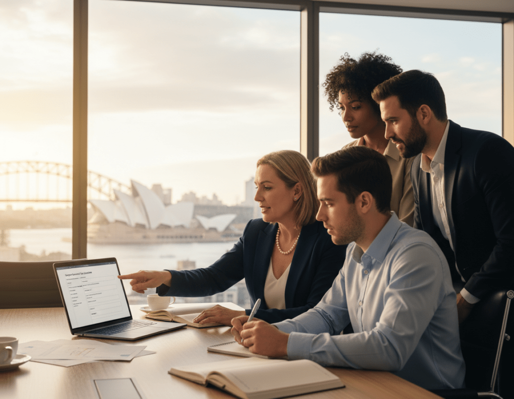 A professional office setting in Australia, featuring a diverse group of individuals in business attire engaged in a discussion about employer-sponsored visas. In the foreground, a confident middle-aged woman points to a laptop screen displaying an application form, while a young man beside her takes notes. The middle ground includes a large window with a view of the Sydney skyline, including the iconic Sydney Opera House and Harbour Bridge, bathed in warm, natural light. The atmosphere is vibrant and collaborative, conveying a sense of opportunity and ambition. The scene captures the essence of migration and professional growth, with emphasis on teamwork and support in the journey towards working in Australia. A professional office setting in Australia, featuring a diverse group of individuals in business attire engaged in a discussion about employer-sponsored visas. In the foreground, a confident middle-aged woman points to a laptop screen displaying an application form, while a young man beside her takes notes. The middle ground includes a large window with a view of the Sydney skyline, including the iconic Sydney Opera House and Harbour Bridge, bathed in warm, natural light. The atmosphere is vibrant and collaborative, conveying a sense of opportunity and ambition. The scene captures the essence of migration and professional growth, with emphasis on teamwork and support in the journey towards working in Australia.