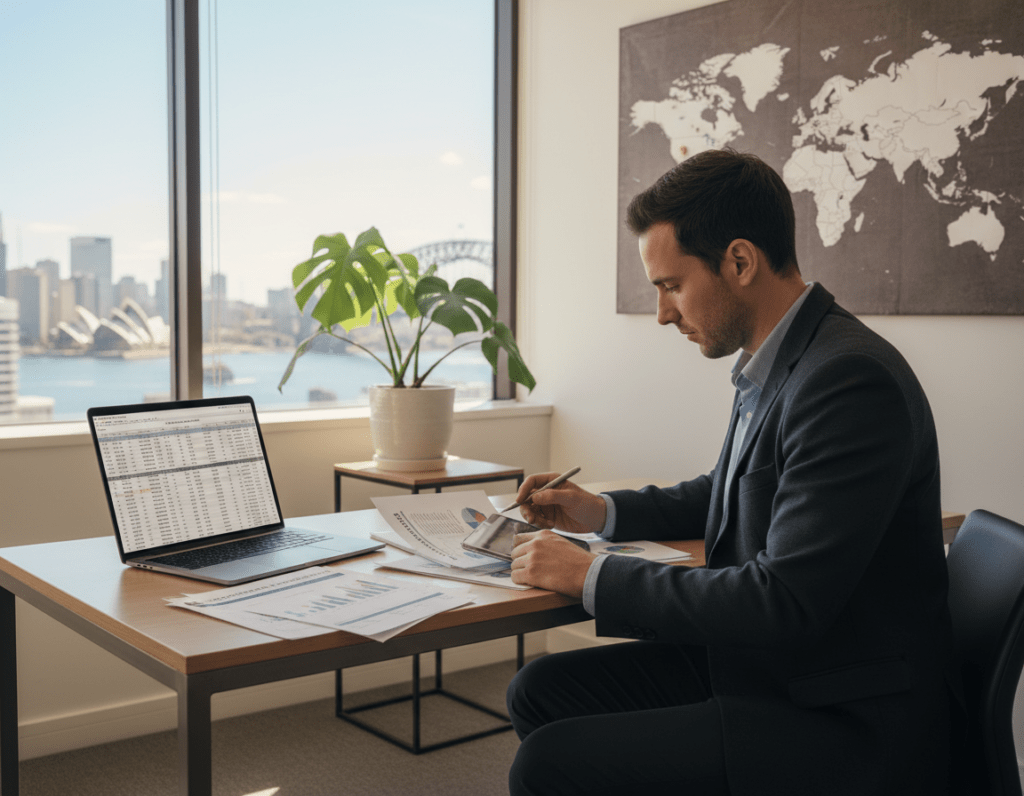 A professional setting featuring a modern office with a sleek desk and a laptop open to a financial spreadsheet. In the foreground, a focused individual in smart casual attire reviews documents related to international taxes, showcasing charts and graphs. The middle ground includes a potted plant and a world map on the wall, symbolizing globalization and expat life. The background reveals a large window with a view of a vibrant Australian city skyline during the day, with bright natural light flooding the room. The atmosphere is one of determination and clarity, reflecting the importance of understanding tax residency and obligations when moving abroad. Soft, diffused lighting creates a welcoming and motivating work environment. A professional setting featuring a modern office with a sleek desk and a laptop open to a financial spreadsheet. In the foreground, a focused individual in smart casual attire reviews documents related to international taxes, showcasing charts and graphs. The middle ground includes a potted plant and a world map on the wall, symbolizing globalization and expat life. The background reveals a large window with a view of a vibrant Australian city skyline during the day, with bright natural light flooding the room. The atmosphere is one of determination and clarity, reflecting the importance of understanding tax residency and obligations when moving abroad. Soft, diffused lighting creates a welcoming and motivating work environment.