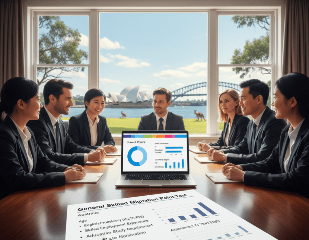 A professionally dressed group of diverse individuals gathered around a large table, engaged in a discussion about planning migration to Australia. In the foreground, a close-up of a document with a checklist titled "General Skilled Migration Point Test" featuring bullet points and graphs related to skills and achievements. In the middle ground, a laptop displays a pie chart showing points earned, with colorful charts depicting various skills and qualifications. In the background, a window reveals a sunny Australian landscape with iconic landmarks like the Sydney Opera House and eucalyptus trees. The lighting is bright and inviting, creating a positive and hopeful atmosphere. The angle is slightly elevated, showcasing the collaborative spirit of the group as they strategize their migration journey. A professionally dressed group of diverse individuals gathered around a large table, engaged in a discussion about planning migration to Australia. In the foreground, a close-up of a document with a checklist titled "General Skilled Migration Point Test" featuring bullet points and graphs related to skills and achievements. In the middle ground, a laptop displays a pie chart showing points earned, with colorful charts depicting various skills and qualifications. In the background, a window reveals a sunny Australian landscape with iconic landmarks like the Sydney Opera House and eucalyptus trees. The lighting is bright and inviting, creating a positive and hopeful atmosphere. The angle is slightly elevated, showcasing the collaborative spirit of the group as they strategize their migration journey.