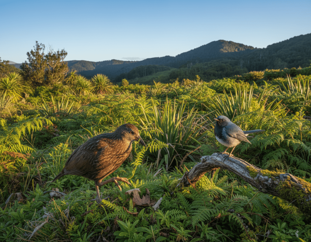 A scenic view of New Zealand's lush landscape featuring a Weka and a South Island Robin in a natural setting. In the foreground, the Weka, a large brown, flightless bird with a curious expression, interacts playfully with the environment, while the vibrant South Island Robin, with its dark blue-grey back and white belly, perches on a nearby branch, displaying its charm. The middle creates a rich tapestry of native ferns and grass, capturing the essence of New Zealand flora. In the background, rolling hills and a bright blue sky enhance the setting, bathed in warm, golden sunlight to evoke a serene, inviting atmosphere. The composition should capture the intimate and approachable nature of these unique birds, inviting the viewer into their world. A scenic view of New Zealand's lush landscape featuring a Weka and a South Island Robin in a natural setting. In the foreground, the Weka, a large brown, flightless bird with a curious expression, interacts playfully with the environment, while the vibrant South Island Robin, with its dark blue-grey back and white belly, perches on a nearby branch, displaying its charm. The middle creates a rich tapestry of native ferns and grass, capturing the essence of New Zealand flora. In the background, rolling hills and a bright blue sky enhance the setting, bathed in warm, golden sunlight to evoke a serene, inviting atmosphere. The composition should capture the intimate and approachable nature of these unique birds, inviting the viewer into their world.