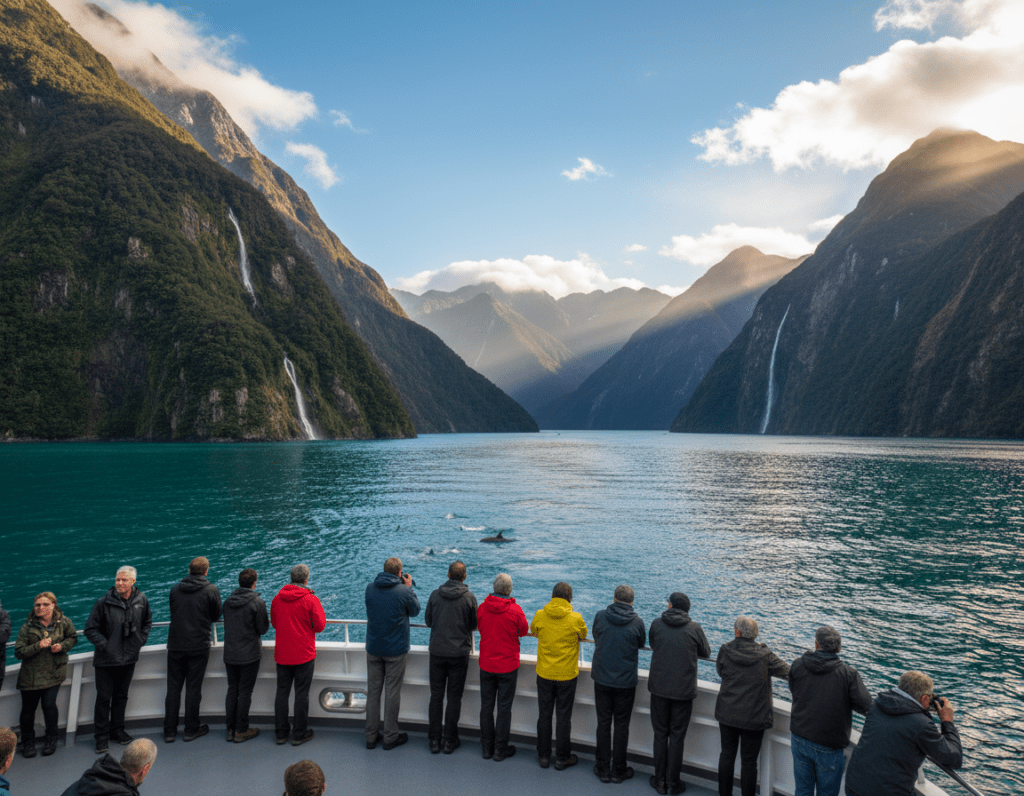 A scenic wilderness day cruise in Doubtful Sound, New Zealand. In the foreground, a modern cruise boat with passengers, dressed in casual outdoor attire, gazes in awe at the surrounding beauty. In the middle ground, lush green cliffs rise majestically from turquoise waters, dotted with cascading waterfalls. The background showcases misty mountains under a clear blue sky with soft, fluffy clouds. The atmosphere is serene and invigorating, capturing the essence of adventure and tranquility. The sunlight streams through the clouds, illuminating the water and creating a glistening effect. The image should have a slightly elevated perspective, capturing the expansive view while maintaining a warm, inviting mood. A scenic wilderness day cruise in Doubtful Sound, New Zealand. In the foreground, a modern cruise boat with passengers, dressed in casual outdoor attire, gazes in awe at the surrounding beauty. In the middle ground, lush green cliffs rise majestically from turquoise waters, dotted with cascading waterfalls. The background showcases misty mountains under a clear blue sky with soft, fluffy clouds. The atmosphere is serene and invigorating, capturing the essence of adventure and tranquility. The sunlight streams through the clouds, illuminating the water and creating a glistening effect. The image should have a slightly elevated perspective, capturing the expansive view while maintaining a warm, inviting mood.