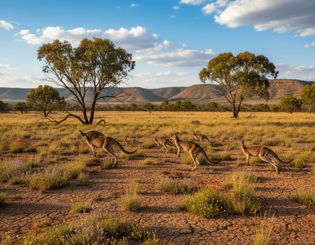 A serene Australian outback landscape, featuring several lively kangaroos in the foreground, bounding across the parched earth scattered with vibrant wildflowers and sparse grasses. The middle ground includes a few eucalyptus trees, casting dappled shadows, while in the background, gentle hills roll under a bright blue sky with scattered clouds. The lighting is warm and golden, suggesting late afternoon, enhancing the earthy tones of the scene. The perspective is slightly elevated, capturing the kangaroos in mid-leap, showcasing their powerful legs and distinctive silhouettes. The mood is lively yet tranquil, evoking the enchanting wildlife of Australia’s rugged terrain.