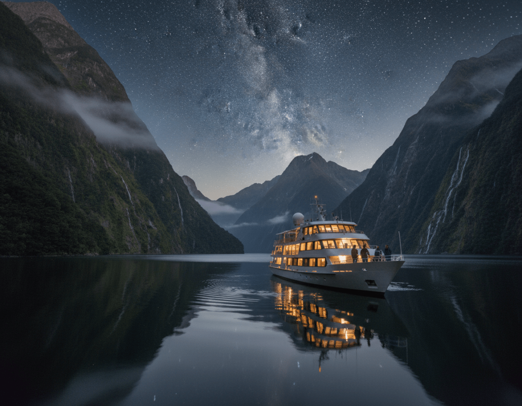 A serene overnight scene in Doubtful Sound, New Zealand, showcasing a luxurious cruise ship anchored amidst majestic fjords. In the foreground, silhouettes of passengers in modest casual clothing gathered on the deck, gazing at the serene waters, surrounded by towering green cliffs and cascading waterfalls. The middle ground features the calm, reflective water under a starlit sky, with gentle ripples softly illuminated by moonlight, creating a tranquil atmosphere. In the background, mist-shrouded mountains rise, encircled by lush rainforest. The mood is peaceful and contemplative, evoking a sense of adventure and intimacy with nature. Soft lighting enhances the ethereal quality of the night, with a focus on long exposure to capture the stars in a clear night sky. Use a wide-angle lens to emphasize the grandeur of the landscape. A serene overnight scene in Doubtful Sound, New Zealand, showcasing a luxurious cruise ship anchored amidst majestic fjords. In the foreground, silhouettes of passengers in modest casual clothing gathered on the deck, gazing at the serene waters, surrounded by towering green cliffs and cascading waterfalls. The middle ground features the calm, reflective water under a starlit sky, with gentle ripples softly illuminated by moonlight, creating a tranquil atmosphere. In the background, mist-shrouded mountains rise, encircled by lush rainforest. The mood is peaceful and contemplative, evoking a sense of adventure and intimacy with nature. Soft lighting enhances the ethereal quality of the night, with a focus on long exposure to capture the stars in a clear night sky. Use a wide-angle lens to emphasize the grandeur of the landscape.
