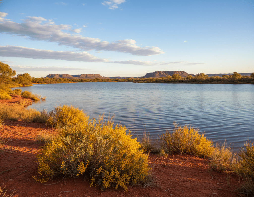A serene scene depicting a shimmering body of water in the Australian Outback, surrounded by rugged red earth and sparse vegetation. In the foreground, vibrant native plants, such as spinifex and wattle, frame the edges of the water. The middle ground showcases rippling reflections of the bright blue sky and wispy white clouds on the water's surface. The background features distant rocky hills bathed in warm sunlight, creating a sense of depth and scale. The lighting is golden hour, casting soft, warm tones that evoke a sense of tranquility and life. The atmosphere is peaceful, capturing the essence of resilience and vitality in this unique ecosystem.