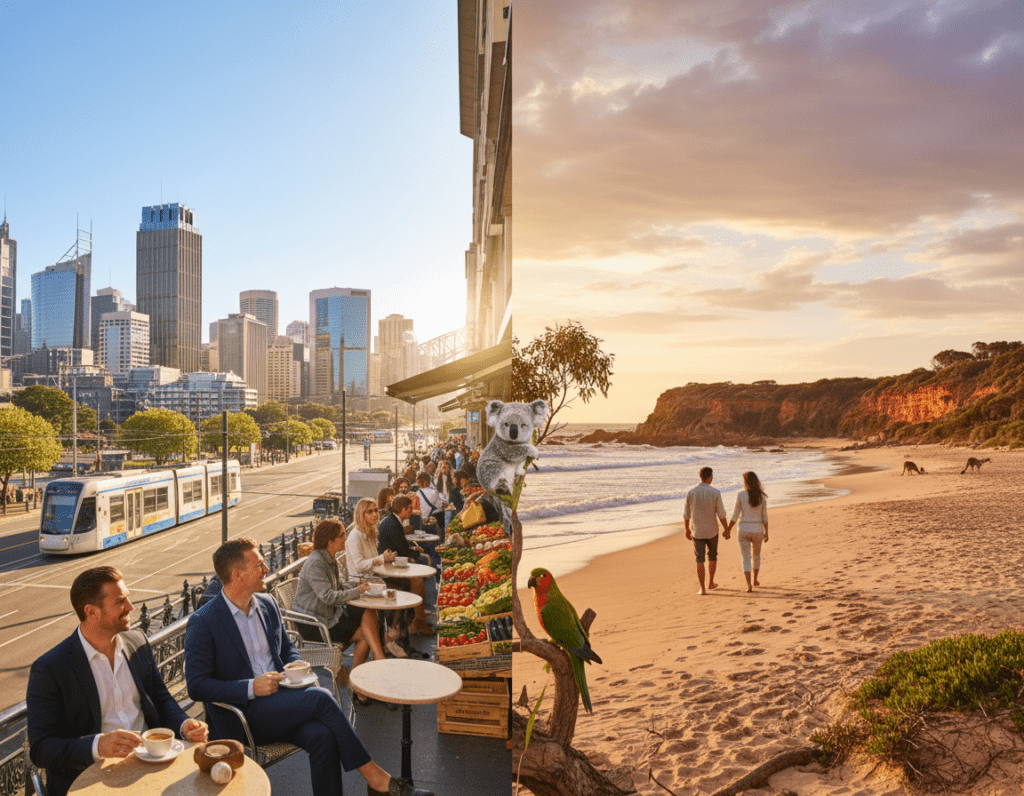 A split-image scene illustrating the pros and cons of living in Australia. In the foreground, depict two contrasting environments: on the left, a vibrant city skyline of Sydney with modern buildings, bustling streets, and professionals in business attire enjoying outdoor cafes under bright sunlight; on the right, a serene coastal view showcasing the beautiful Australian outback with warm hues of sunset, a calm beach, and a couple in modest casual clothing enjoying nature. In the middle ground, blend elements representing lifestyle contrasts, like a lively market versus tranquil wildlife. The background should feature a clear blue sky transitioning from sunny to cloudy, symbolizing varied experiences. Use a warm color palette to evoke an inviting and balanced atmosphere, captured from an eye-level angle for an immersive viewing experience. A split-image scene illustrating the pros and cons of living in Australia. In the foreground, depict two contrasting environments: on the left, a vibrant city skyline of Sydney with modern buildings, bustling streets, and professionals in business attire enjoying outdoor cafes under bright sunlight; on the right, a serene coastal view showcasing the beautiful Australian outback with warm hues of sunset, a calm beach, and a couple in modest casual clothing enjoying nature. In the middle ground, blend elements representing lifestyle contrasts, like a lively market versus tranquil wildlife. The background should feature a clear blue sky transitioning from sunny to cloudy, symbolizing varied experiences. Use a warm color palette to evoke an inviting and balanced atmosphere, captured from an eye-level angle for an immersive viewing experience.