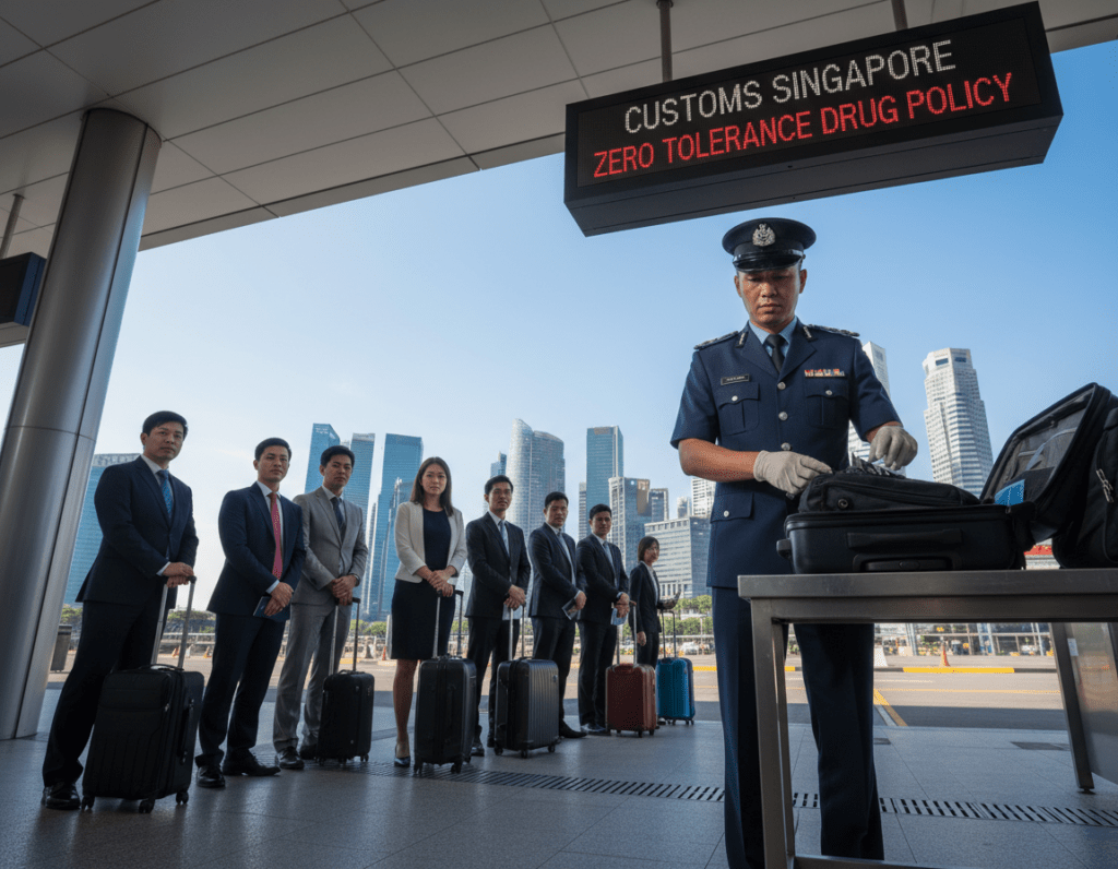 A stark and powerful depiction of a law enforcement officer standing at a customs checkpoint in Singapore, emphasizing the country's strict zero-tolerance drug policy. In the foreground, the officer, dressed in a crisp uniform, scrutinizes luggage with a serious expression. In the middle ground, travelers in professional attire patiently await inspection, reflecting concern and compliance. The background showcases modern architecture typical of Singapore, with clear skies and bustling city life, symbolizing order and vigilance. The lighting is bright and harsh, casting sharp shadows, which enhances the seriousness of the scene. The atmosphere is tense yet professional, capturing the gravity of drug enforcement and its implications for travelers. This should be illustrated from a slightly low angle to underline the authority of the customs officer. A stark and powerful depiction of a law enforcement officer standing at a customs checkpoint in Singapore, emphasizing the country's strict zero-tolerance drug policy. In the foreground, the officer, dressed in a crisp uniform, scrutinizes luggage with a serious expression. In the middle ground, travelers in professional attire patiently await inspection, reflecting concern and compliance. The background showcases modern architecture typical of Singapore, with clear skies and bustling city life, symbolizing order and vigilance. The lighting is bright and harsh, casting sharp shadows, which enhances the seriousness of the scene. The atmosphere is tense yet professional, capturing the gravity of drug enforcement and its implications for travelers. This should be illustrated from a slightly low angle to underline the authority of the customs officer.