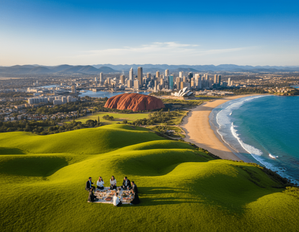 A stunning aerial landscape of Australia showcasing diverse terrains. In the foreground, vibrant green hills merge into a sunlit coastal area with golden beaches and azure waves, where a few families in professional attire can be seen enjoying a picnic. The middle layer features iconic elements like red rock formations and urban skyscrapers representing major cities such as Sydney and Melbourne, illustrating the contrast between nature and modernity. In the background, rolling mountains fade into a clear blue sky, accentuating the vastness of the country. Capture the warm afternoon light casting long shadows and creating a serene, welcoming atmosphere. The composition should evoke a sense of exploration and diversity, reflective of Australia's unique geography and its people. A stunning aerial landscape of Australia showcasing diverse terrains. In the foreground, vibrant green hills merge into a sunlit coastal area with golden beaches and azure waves, where a few families in professional attire can be seen enjoying a picnic. The middle layer features iconic elements like red rock formations and urban skyscrapers representing major cities such as Sydney and Melbourne, illustrating the contrast between nature and modernity. In the background, rolling mountains fade into a clear blue sky, accentuating the vastness of the country. Capture the warm afternoon light casting long shadows and creating a serene, welcoming atmosphere. The composition should evoke a sense of exploration and diversity, reflective of Australia's unique geography and its people.