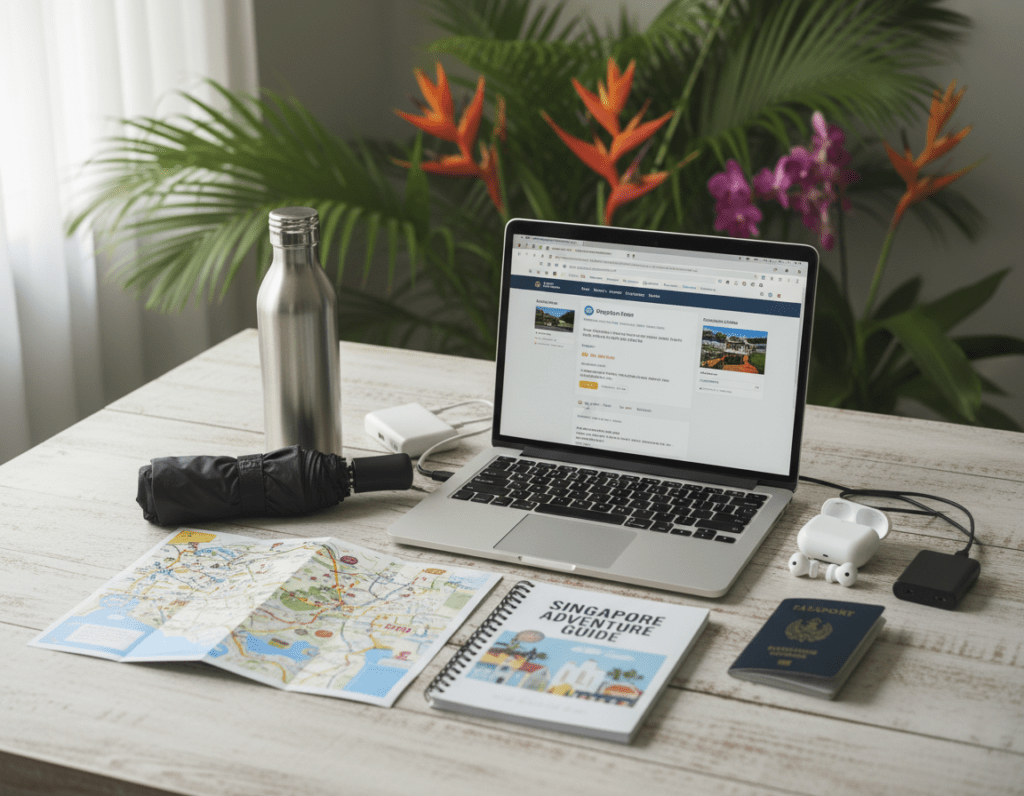A travel-themed flat lay featuring various practical travel items laid out on a clean, light wooden surface. In the foreground, neatly arranged items such as a map of Singapore, a compact umbrella, a reusable water bottle, and a guidebook or travel tips notebook. In the middle, an open laptop displaying travel websites and an itinerary. The background includes a subtle glimpse of colorful tropical plants, reflecting Singapore's lush scenery. Soft, natural lighting creates a warm and inviting atmosphere, suggesting readiness and excitement for travel. The composition evokes a sense of preparation and practicality, ideal for sharing useful travel advice. A travel-themed flat lay featuring various practical travel items laid out on a clean, light wooden surface. In the foreground, neatly arranged items such as a map of Singapore, a compact umbrella, a reusable water bottle, and a guidebook or travel tips notebook. In the middle, an open laptop displaying travel websites and an itinerary. The background includes a subtle glimpse of colorful tropical plants, reflecting Singapore's lush scenery. Soft, natural lighting creates a warm and inviting atmosphere, suggesting readiness and excitement for travel. The composition evokes a sense of preparation and practicality, ideal for sharing useful travel advice.