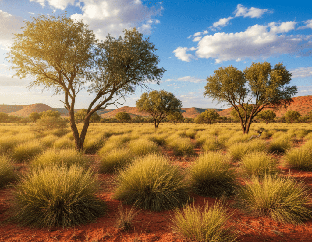 A vibrant Australian outback landscape showcasing Spinifex grass and Mulga trees, capturing the essence of a fire-adapted ecosystem. In the foreground, clusters of Spinifex with its spiky, golden-green tufts create a textured ground cover. The middle ground features scattered Mulga trees, their twisted branches and dense foliage providing shade. In the background, a brilliant blue sky dotted with fluffy white clouds stretches over rolling red earth and distant hills. Soft, warm sunlight filters through the trees, casting gentle shadows and highlighting the rich colors of the plants. The atmosphere is serene yet alive with the potential of the wildlife that inhabits this unique vegetation.