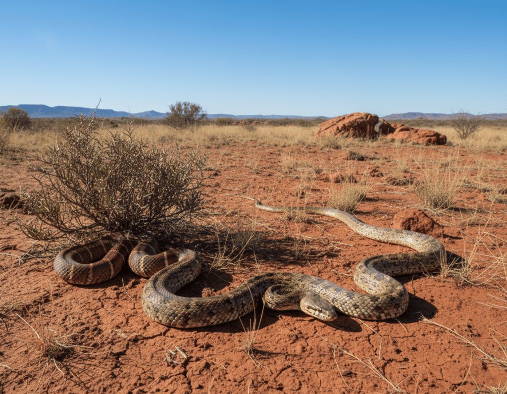 A vibrant Australian outback scene featuring a variety of snakes in their natural habitat. In the foreground, a large, intricately patterned eastern brown snake slithers gracefully over sun-baked red earth, showcasing its glossy scales. Nearby, a smaller, colorful mulga snake intertwines with the sparse vegetation, revealing its vivid markings. In the middle ground, a few striking desert shrubs and rocky outcrops provide context, while sunlight filters through a clear blue sky, casting soft shadows that enhance the wilderness feel. The atmosphere should evoke a sense of awe and respect for these fascinating creatures, emphasizing the beauty and danger of the outback. Use a wide-angle lens to capture the scale of the landscape and focus on the snakes, highlighting their unique behaviors and interactions with the environment.