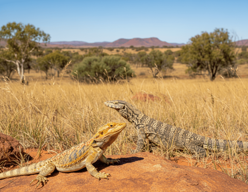 A vibrant Australian outback scene showcasing a variety of reptiles in their natural habitat. In the foreground, a detailed close-up of a colorful Eastern Bearded Dragon basking on a sunlit rock, its scales glimmering in the warm sunlight. In the middle ground, a striking Lace Monitor lizard can be seen partially obscured by dry grasses, its body blending seamlessly with the earthy tones. The background features a blurred expanse of desert landscapes, dotted with sparse vegetation and distant red-hued hills under a brilliant blue sky. The lighting is bright and harsh, typical of midday in the outback, casting sharp shadows and enhancing the textures of the reptiles' skin. The overall mood is lively yet serene, emphasizing the beauty and uniqueness of Australian reptiles.