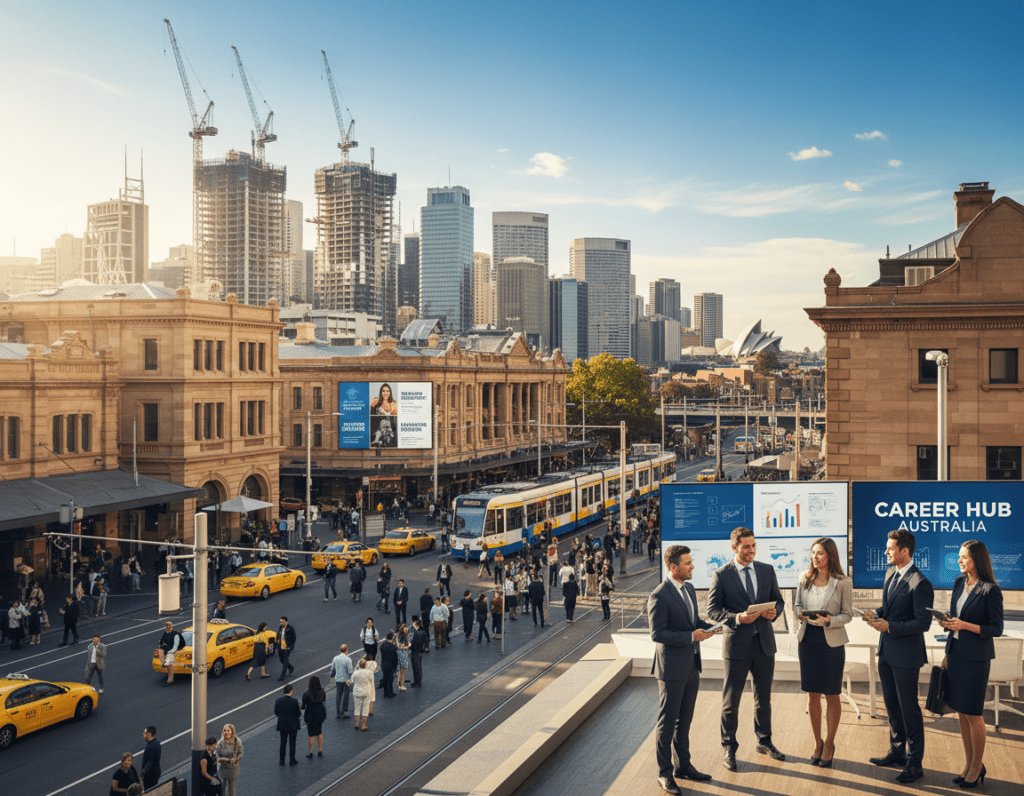 A vibrant and bustling cityscape representing Australia, showcasing a diverse group of professionals engaged in various activities related to job opportunities and career development. In the foreground, a diverse group of individuals dressed in smart business attire are networking and discussing in a modern office setting, symbolizing collaboration and ambition. The middle ground features a lively street scene with iconic Australian architecture, cafes, and people commuting, indicating a thriving job market. In the background, a clear blue sky and a skyline with cranes and new buildings rising reflect growth and career perspectives. The lighting is bright and inviting, creating an atmosphere of optimism and professionalism. The angle is slightly elevated, providing an expansive view of the dynamic urban landscape. A vibrant and bustling cityscape representing Australia, showcasing a diverse group of professionals engaged in various activities related to job opportunities and career development. In the foreground, a diverse group of individuals dressed in smart business attire are networking and discussing in a modern office setting, symbolizing collaboration and ambition. The middle ground features a lively street scene with iconic Australian architecture, cafes, and people commuting, indicating a thriving job market. In the background, a clear blue sky and a skyline with cranes and new buildings rising reflect growth and career perspectives. The lighting is bright and inviting, creating an atmosphere of optimism and professionalism. The angle is slightly elevated, providing an expansive view of the dynamic urban landscape.