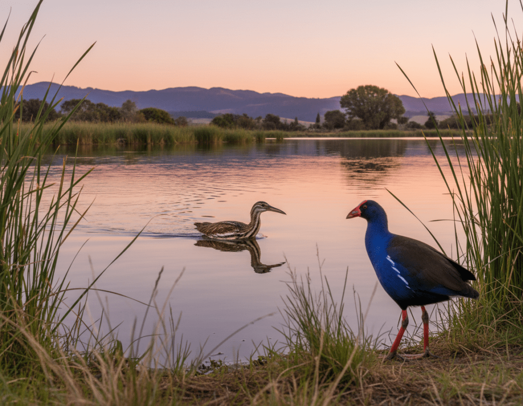 A vibrant and detailed scene featuring a paradiesente (Australasian bittern) gracefully swimming in a clear, tranquil lake, with lush green reeds framing its dynamic form. In the foreground, a striking pukeko (purple swamphen) stands proudly on the banks, displaying its vivid blue plumage and red beak, surrounded by soft grasses that sway gently in the breeze. The middle ground includes rippling waters reflecting the soft pink and orange hues of a sunset, while the background showcases a serene landscape of rolling hills dotted with trees, under a pastel sky transitioning into twilight. The atmosphere is calm and peaceful, evoking a sense of tranquility and connection to nature. Shot from a low angle to emphasize the birds' majesty, with warm, natural lighting illuminating the scene beautifully. A vibrant and detailed scene featuring a paradiesente (Australasian bittern) gracefully swimming in a clear, tranquil lake, with lush green reeds framing its dynamic form. In the foreground, a striking pukeko (purple swamphen) stands proudly on the banks, displaying its vivid blue plumage and red beak, surrounded by soft grasses that sway gently in the breeze. The middle ground includes rippling waters reflecting the soft pink and orange hues of a sunset, while the background showcases a serene landscape of rolling hills dotted with trees, under a pastel sky transitioning into twilight. The atmosphere is calm and peaceful, evoking a sense of tranquility and connection to nature. Shot from a low angle to emphasize the birds' majesty, with warm, natural lighting illuminating the scene beautifully.