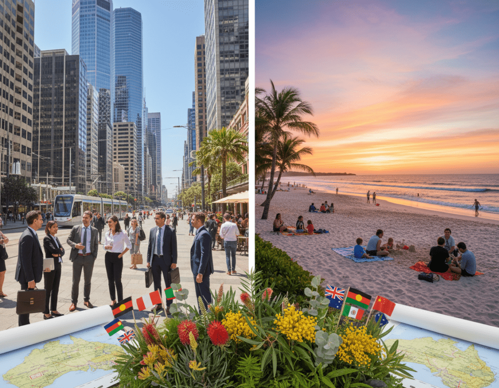A vibrant and inviting comparison of lifestyles in Australia, showcasing a split image with contrasting elements: on one side, a bustling modern cityscape with tall skyscrapers, diverse professionals in business attire engaging in conversations, and bright sunlight illuminating the scene; on the other side, a serene coastal view featuring relaxed families picnicking on the beach with clear blue skies and gentle waves lapping at the shore. The foreground includes subtle details like a map and various flags representing Australia’s diversity. The middle ground should contain lush greenery and vibrant flowers, symbolizing nature and community harmony. The background carries a beautiful gradient sky at sunset, casting warm hues over both scenes, evoking a sense of opportunity and lifestyle enrichment. The atmosphere should be uplifting, reflecting Australia as a compelling destination for expatriates. A vibrant and inviting comparison of lifestyles in Australia, showcasing a split image with contrasting elements: on one side, a bustling modern cityscape with tall skyscrapers, diverse professionals in business attire engaging in conversations, and bright sunlight illuminating the scene; on the other side, a serene coastal view featuring relaxed families picnicking on the beach with clear blue skies and gentle waves lapping at the shore. The foreground includes subtle details like a map and various flags representing Australia’s diversity. The middle ground should contain lush greenery and vibrant flowers, symbolizing nature and community harmony. The background carries a beautiful gradient sky at sunset, casting warm hues over both scenes, evoking a sense of opportunity and lifestyle enrichment. The atmosphere should be uplifting, reflecting Australia as a compelling destination for expatriates.