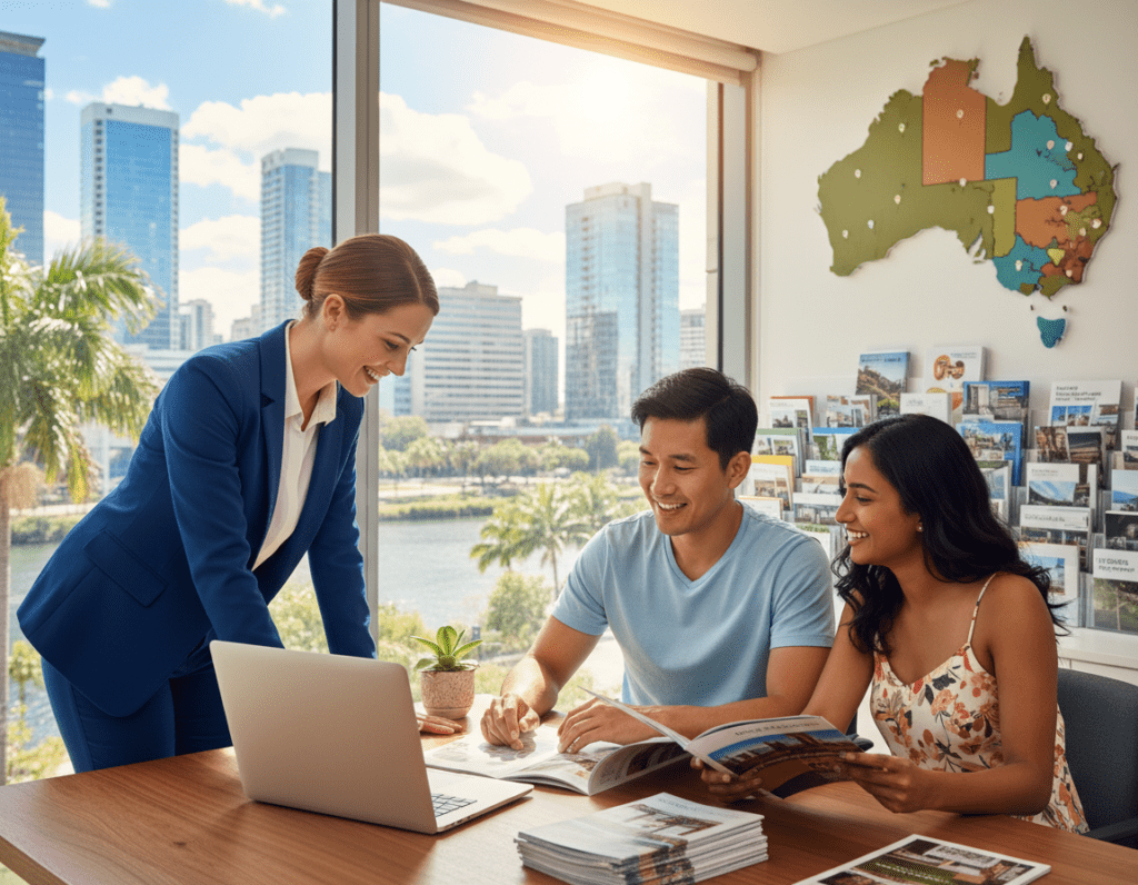 A vibrant real estate office scene depicting a consultant assisting a diverse couple in their apartment search in Australia. In the foreground, the consultant, dressed in professional business attire, is pointing at a laptop screen showcasing listings. The couple, dressed in modest casual clothing, appears engaged and excited, flipping through brochures on the table. In the middle ground, a large window reveals an Australian cityscape with palm trees and modern buildings, bathed in warm sunlight. The background features neatly organized shelves filled with real estate pamphlets and a large, colorful map of Australia. The atmosphere is upbeat and hopeful, capturing the essence of finding a new home. The image should utilize soft, natural lighting to create a welcoming ambiance. A vibrant real estate office scene depicting a consultant assisting a diverse couple in their apartment search in Australia. In the foreground, the consultant, dressed in professional business attire, is pointing at a laptop screen showcasing listings. The couple, dressed in modest casual clothing, appears engaged and excited, flipping through brochures on the table. In the middle ground, a large window reveals an Australian cityscape with palm trees and modern buildings, bathed in warm sunlight. The background features neatly organized shelves filled with real estate pamphlets and a large, colorful map of Australia. The atmosphere is upbeat and hopeful, capturing the essence of finding a new home. The image should utilize soft, natural lighting to create a welcoming ambiance.