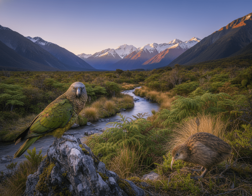 A vibrant scene showcasing the diverse birdlife of New Zealand. In the foreground, a lively Kea, with its green and orange plumage, playfully perched on a rocky outcrop. Nearby, the majestic Kiwi bird, with its iconic long beak and brown, fuzzy feathers, forages in the grassy underbrush. In the middle, a gentle stream flows through lush ferns, framing the birds in their natural habitat. In the background, the breathtaking Southern Alps rise against a clear blue sky, illuminated by the warm glow of golden hour lighting. The atmosphere is serene and enchanting, capturing the unique charm of New Zealand’s avian species in their untouched environment. Shot with a wide-angle lens to emphasize depth and detail, creating a captivating image that draws the viewer into this fascinating world of birds. A vibrant scene showcasing the diverse birdlife of New Zealand. In the foreground, a lively Kea, with its green and orange plumage, playfully perched on a rocky outcrop. Nearby, the majestic Kiwi bird, with its iconic long beak and brown, fuzzy feathers, forages in the grassy underbrush. In the middle, a gentle stream flows through lush ferns, framing the birds in their natural habitat. In the background, the breathtaking Southern Alps rise against a clear blue sky, illuminated by the warm glow of golden hour lighting. The atmosphere is serene and enchanting, capturing the unique charm of New Zealand’s avian species in their untouched environment. Shot with a wide-angle lens to emphasize depth and detail, creating a captivating image that draws the viewer into this fascinating world of birds.