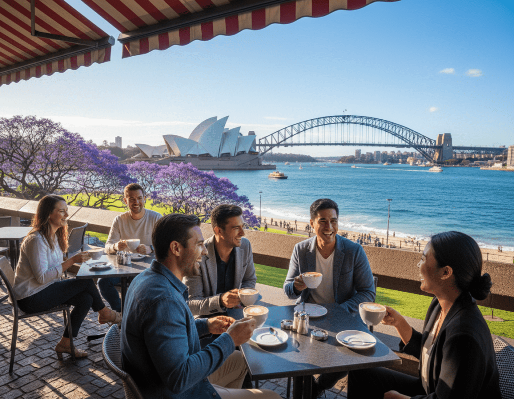 A vibrant scene showcasing the essence of Australia, featuring the iconic Sydney Opera House and the Sydney Harbour Bridge under a clear blue sky. In the foreground, a diverse group of people dressed in smart casual clothing engages in friendly conversation while sipping coffee at a sidewalk café. The middle ground reveals lush greenery and blooming jacaranda trees, embodying Australia’s unique natural beauty. The background captures the stunning coastline with gentle waves lapping against the shore. Soft sunlight bathes the scene in a warm glow, enhancing the inviting atmosphere. Capture this image from a slightly elevated angle to provide a comprehensive view of the lively interaction and scenic backdrop, evoking feelings of community, warmth, and multicultural harmony.