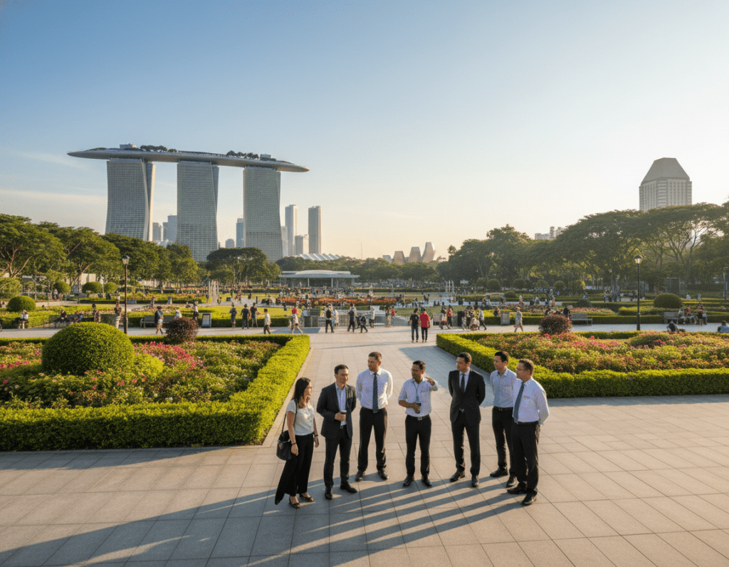 A vibrant urban scene in Singapore showcasing a clean and orderly cityscape. In the foreground, a diverse group of people in professional business attire are observing a public space, emphasizing civic responsibility. In the middle ground, a meticulously maintained park with well-trimmed hedges, colorful flowers, and people enjoying the environment, showcasing the importance of cleanliness. The background features iconic Singaporean architecture, like the Marina Bay Sands and lush greenery, under a clear blue sky. Warm sunlight casts gentle shadows, creating a welcoming atmosphere. The overall mood reflects a sense of discipline, harmony, and pride in public spaces, illustrating Singapore's dedication to cleanliness and order. A vibrant urban scene in Singapore showcasing a clean and orderly cityscape. In the foreground, a diverse group of people in professional business attire are observing a public space, emphasizing civic responsibility. In the middle ground, a meticulously maintained park with well-trimmed hedges, colorful flowers, and people enjoying the environment, showcasing the importance of cleanliness. The background features iconic Singaporean architecture, like the Marina Bay Sands and lush greenery, under a clear blue sky. Warm sunlight casts gentle shadows, creating a welcoming atmosphere. The overall mood reflects a sense of discipline, harmony, and pride in public spaces, illustrating Singapore's dedication to cleanliness and order.