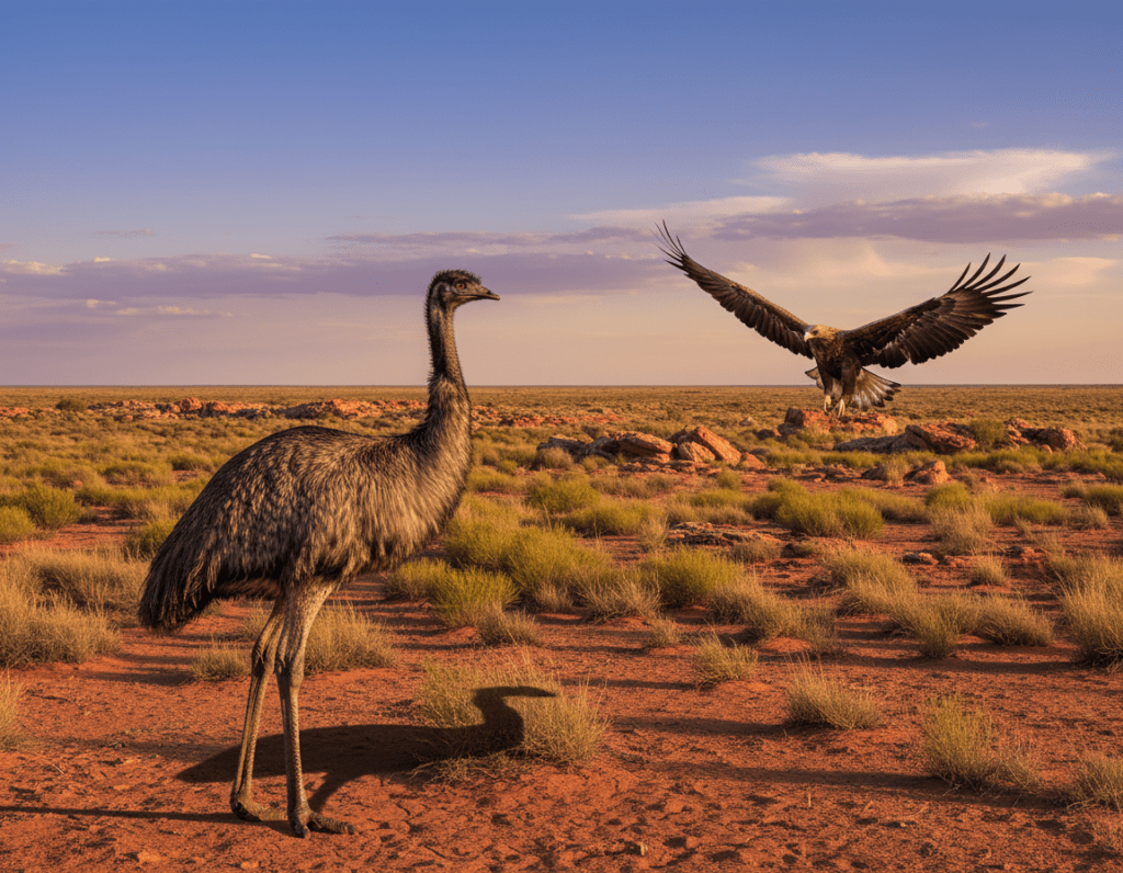 Emus and wedge-tailed eagles in the vast Australian outback, showcasing the rich diversity of birdlife. In the foreground, a majestic emu stands tall, its feathered body shimmering under the warm sunlight, casting a long shadow on the dry ground. Beside it, a wedge-tailed eagle soars gracefully in the blue sky, its wings fully spread, highlighting its distinctive feather patterns. The middle ground is dotted with sparse vegetation, like resilient shrubs and red earth, typifying the Australian landscape. In the background, the horizon stretches endlessly, under a dramatic sky with wisps of clouds, creating a sense of expansive freedom. The image has warm, golden lighting to evoke a feeling of serenity and adventure, viewed from a slightly low angle to accentuate the height of the birds.